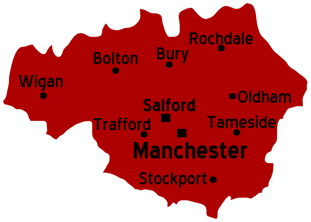 The Greater Manchester County including Wigan, Bolton, Bury, Rochdale, Salford, Old Trafford, Oldham, Tameside, Stockport and Manchester.
